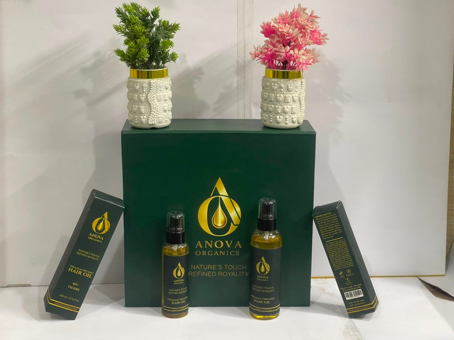 Anova Organics Premium Gift Box - Lifestyle with Hair Oil Products