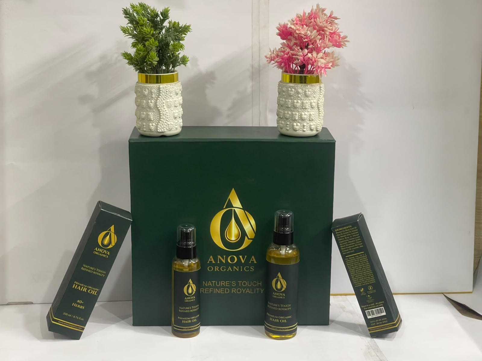 Anova Organics Premium Gift Box - Lifestyle with Hair Oil Products